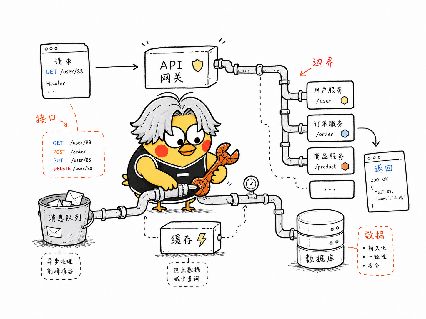 山鸡程序员整理 API 接口边界的插画