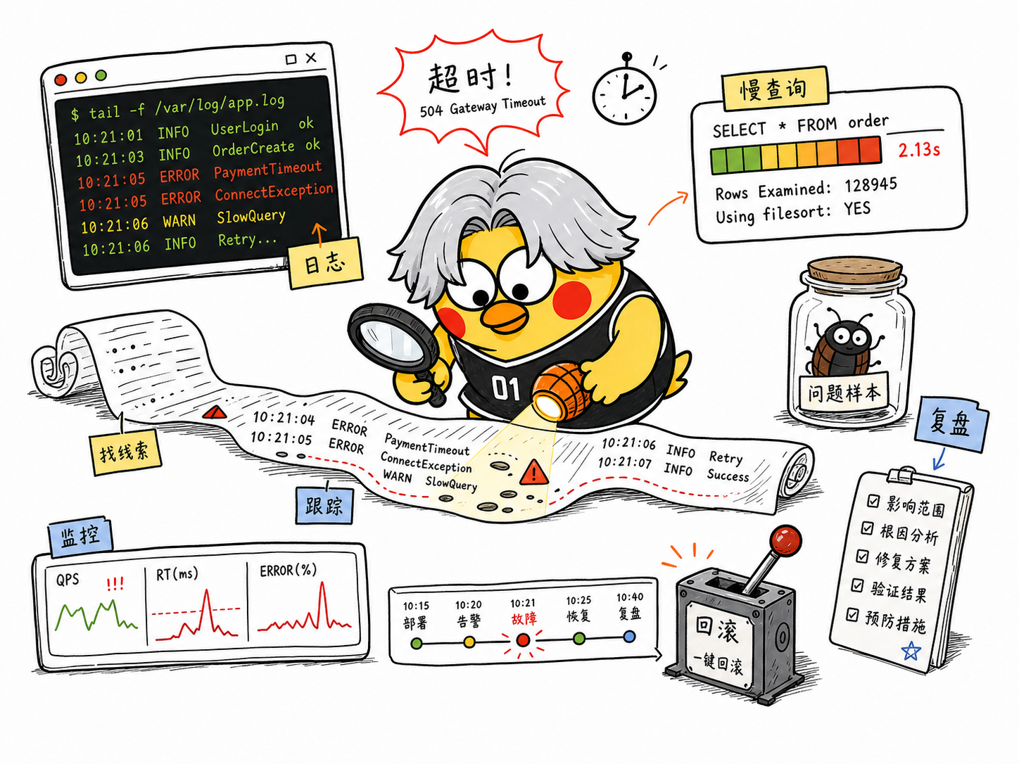 山鸡程序员排查日志和慢查询的插画